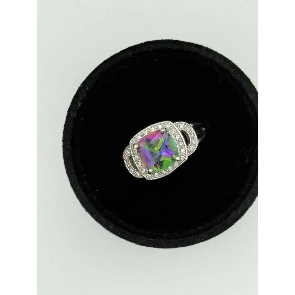 Mystic Topaz Halo Ring Sterling Silver Cushion 9mm Split Shank Sz 8